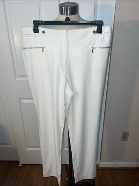 Women's Calvin Klein White Stretch Ponte Pull-On Pants with Gold Zippers